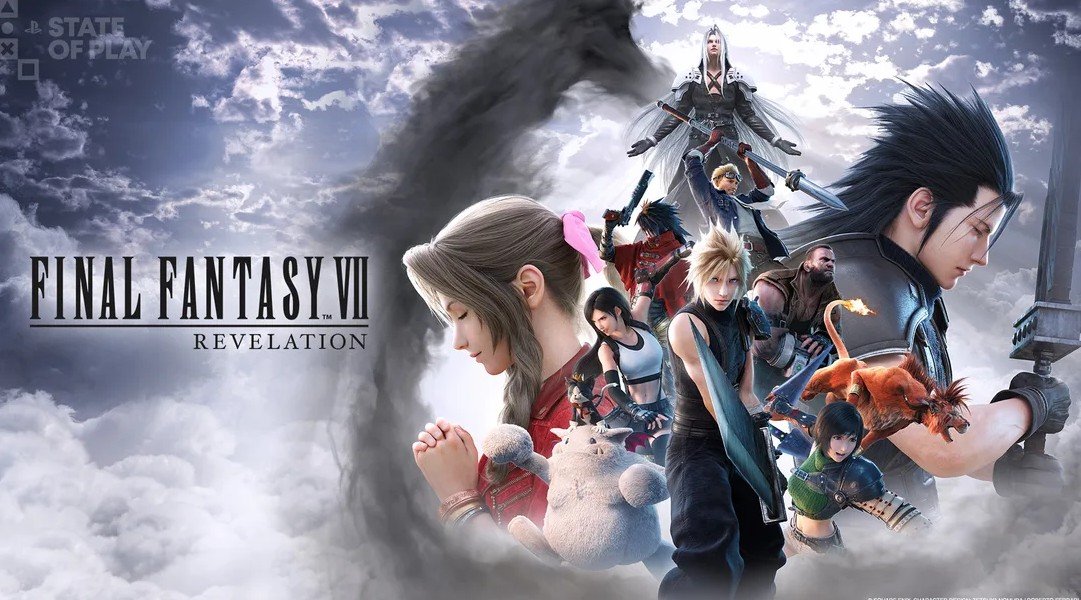 Key art for Final Fantasy VII Revelation showing Cloud Strife, Aerith, Zack Fair, Sephiroth, and the full cast of AVALANCHE against a dramatic sky backdrop.